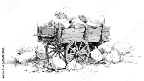 Rustic Cart with Rocks and Rocks Vector Outline