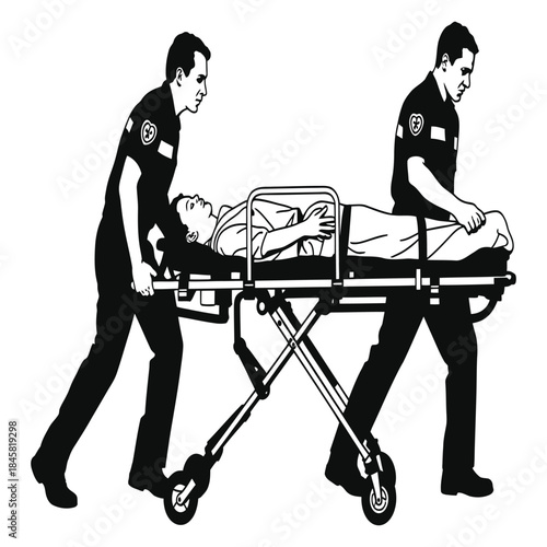 Two male paramedics in uniform are pushing a medical stretcher with a lying patient, providing emergency transportation and care, illustrating a healthcare concept