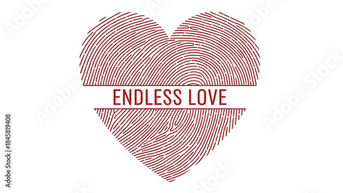 Fingerprint heart with endless love text in red on white background symbolizing romance and affection forever