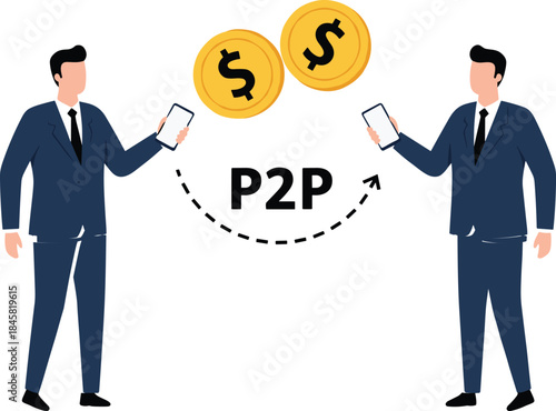Peer-to-peer transaction, mobile payment exchange, P2P finance concept, digital money transfer, fintech illustration, flat vector design