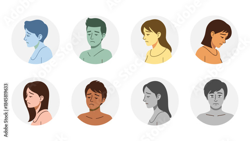 Diverse expressions of sadness in rounded portraits