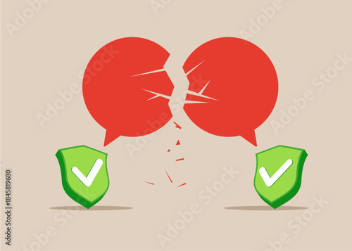 Green shield check marks symbol of misunderstanding, negotiation problems, miscommunication, argument. Flat vector illustration