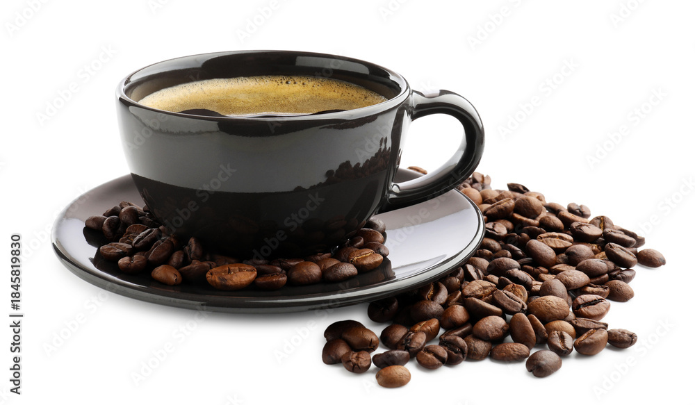 Fototapeta premium Aromatic coffee in cup and beans on white background