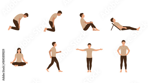 Person in various poses: yoga, relaxation, exercise, and meditation activities