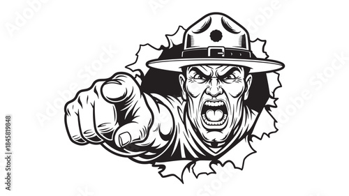 Aggressive park ranger bursting through wall pointing finger on transparent background silhouette