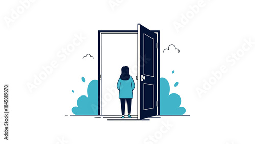 Woman standing at open doorway: concept of new beginnings and opportunities