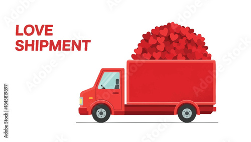A red truck loaded with hearts for love shipment on white background