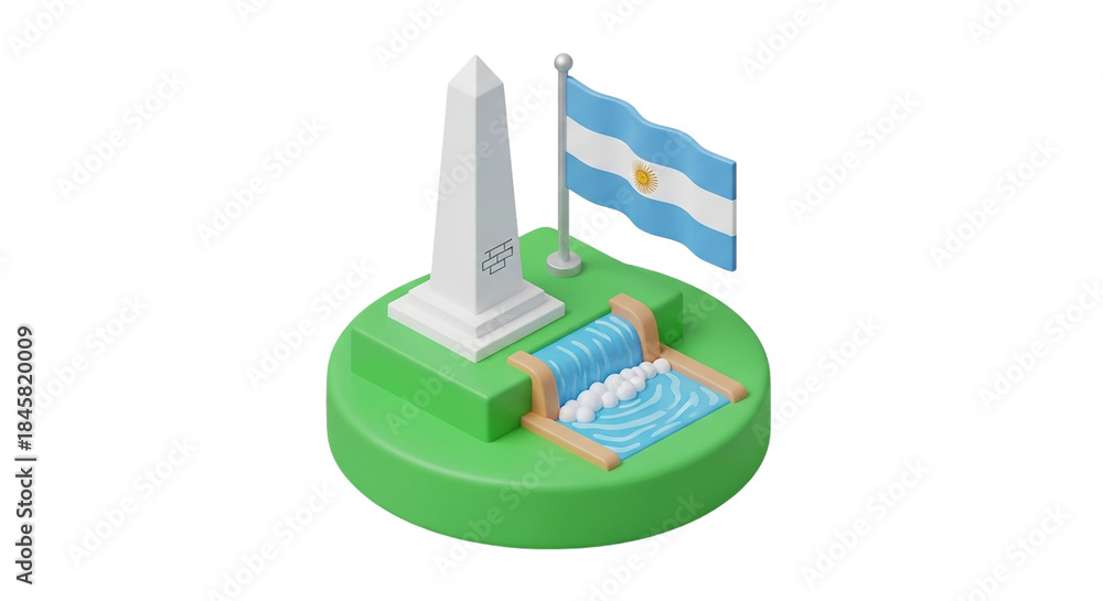 Obraz premium Buenos Aires Obelisco Argentina s national landmark Waving flag flowing waterfall Iconic travel tourism culture 3D