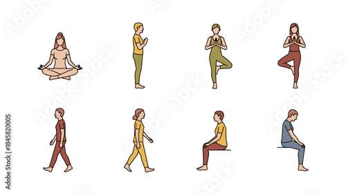 Yoga and mindfulness: diverse simple line art poses for meditation and balance
