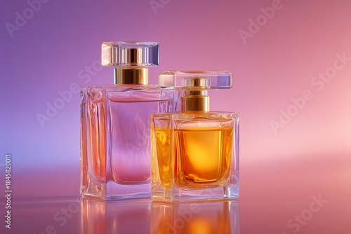 Modern fragrance still life featuring transparent and amber glass bottles, elegantly arranged against a soft gradient background, showcasing luxury and sophistication