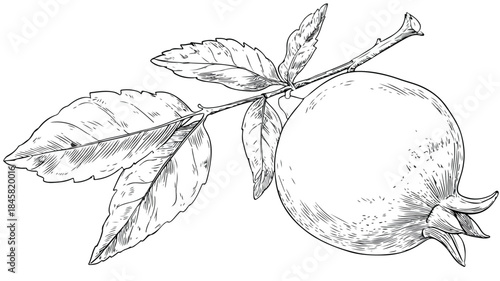 Detailed Vector Drawing of Pomegranate with Leaf for Botanical Designs