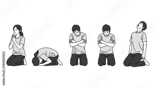 Sequence of people praying in various positions on white background