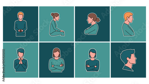 Diverse minimalist profiles and silhouettes in flat style grid layout