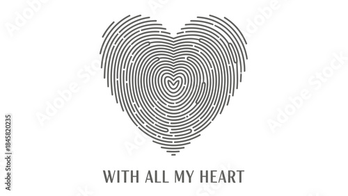Heart shaped fingerprint with all my heart love symbol on white background