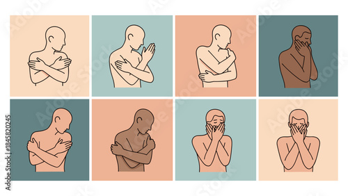 Emotional line art: diverse skin tones and expressions in minimalist style