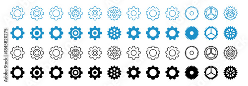 Gear icon set. Gear wheel and cogwheel icons collection. Industrial mechanical gears and machinery parts vector illustration isolated on transparent background