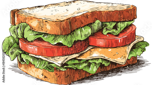 Delicious Sandwich with Fresh Lettuce, Tomato, and Cheese - Food Illustration
