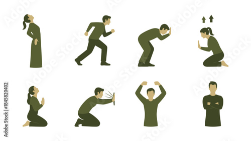 Human emotions and gestures in silhouette flat design: stress, confidence, contemplation