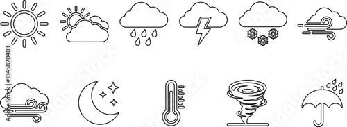 A comprehensive set of minimalist black line weather icons for modern meteorology applications and digital forecast design.