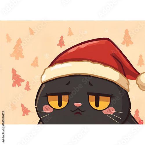 Soft Pastel Annoyed Black Cat in Cozy Santa Hat – Cute Christmas Cartoon Illustration