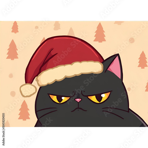 Soft Pastel Annoyed Black Cat in Cozy Santa Hat – Cute Christmas Cartoon Illustration