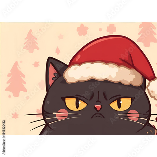 Soft Pastel Annoyed Black Cat in Cozy Santa Hat – Cute Christmas Cartoon Illustration