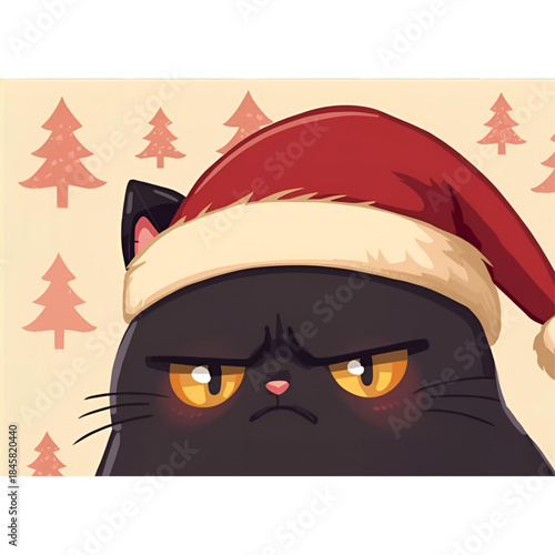 Soft Pastel Annoyed Black Cat in Cozy Santa Hat – Cute Christmas Cartoon Illustration