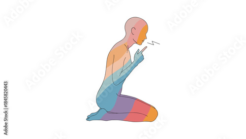 Abstract minimalist person kneeling in thoughtful pose with gradient colors