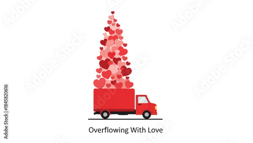 A red truck overflowing with a large pile of various sized red and pink hearts on a white background