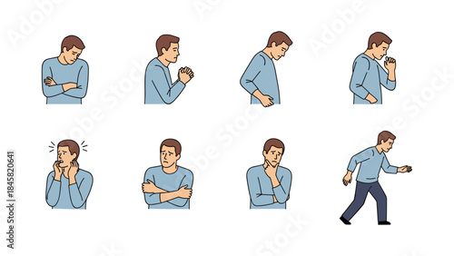 Collection of male characters expressing discomfort and thoughtful gestures