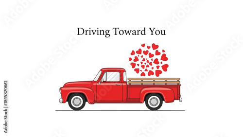 A red vintage pickup truck driving towards you with a heart shaped cluster of hearts in the back