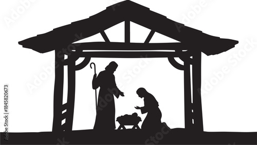 Nativity scene with holy family in a stable black silhouette on transparent background