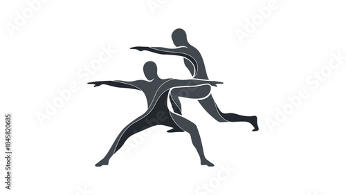 Dynamic silhouette of two athletes in motion on white background