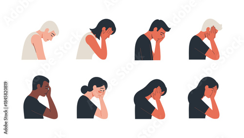 Diverse people showing sadness and stress with hand gestures