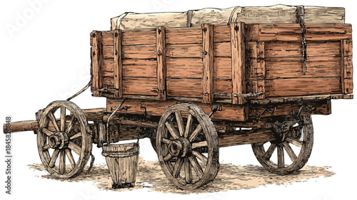 Detailed drawing of wooden wagon with front wooden box for design inspiration