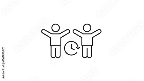 Two people celebrating with clock icon line art on transparent background silhouette