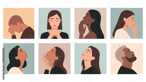 Collection of diverse people reflecting various emotions in minimalist style