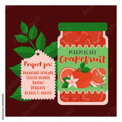 Grapefruit marmalade label featuring a jar with fruit pieces, citrus slices, leaves, and a "perfect for" list. Cute design perfect for jam packaging, food branding, kitchen decor, and recipe cards.