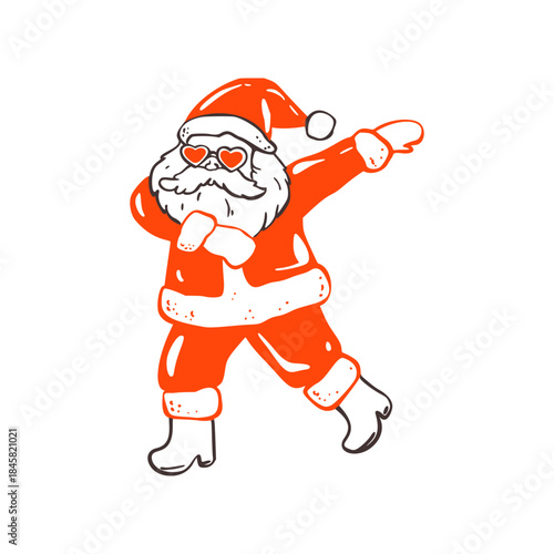Dancing Santa Claus in sunglasses rocks the disco party. Funky Christmas character in doodle style brings festive music vibes to your holiday design project. Crayon funny drawing. Vector illustration