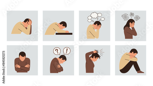 Set of emotional stress and anxiety icons in minimalist flat design