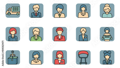 Business icons set with diverse employees and office equipment