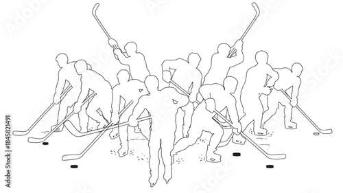 Hockey team in action with sticks and pucks on transparent background silhouette