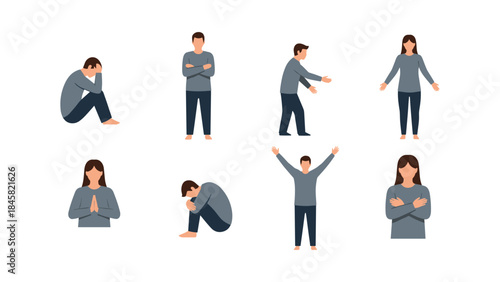 People expressing various emotions and poses in modern flat style