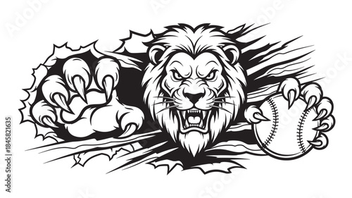Lion bursting through a cracked surface clutching a baseball on transparent background silhouette