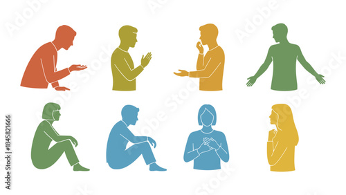 Colorful silhouette set of diverse people in various poses for communication and thought