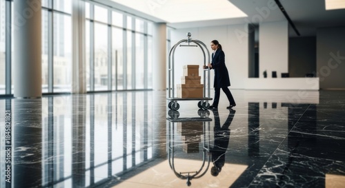 Hotel Porter Pushing Luggage Cart in Modern Lobby
