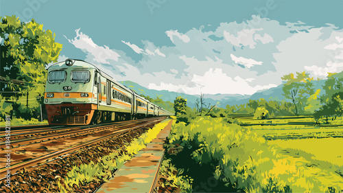 Scenic Painting of Train Traveling Through Lush Green Landscape