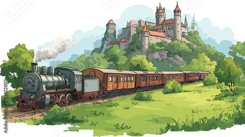 Scenic Painting of Train Passing Castle in Field - Captivating Image for Design Projects