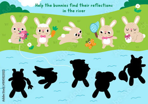 Easter village shadow matching activity with bunnies looking for their reflections in water. Spring holiday puzzle with cute rabbits and river. Find correct silhouette printable worksheet, game