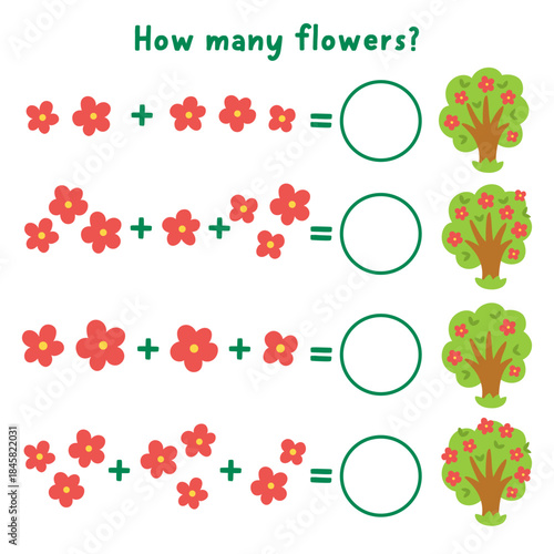 How many flowers game with cute blooming trees. Spring holiday math addition activity for preschool children. Simple printable counting worksheet for kids with garden plant